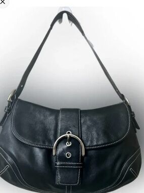 Large Coach Soho Black Leather Shoulder Bag with Silver Buckle